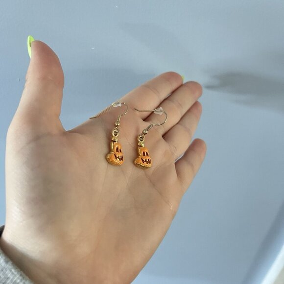 Halloween Earrings Enamel Pumpkin Jack O Lantern Orange Handmade Gold Plated - Picture 2 of 4